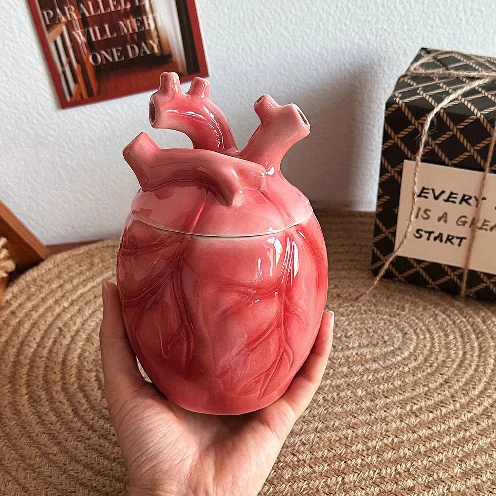 Coffee Mug Sculpted Anatomical Heart With Lid & Straw