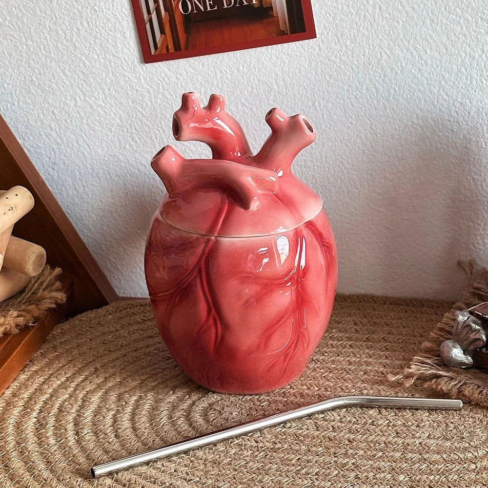Coffee Mug Sculpted Anatomical Heart With Lid & Straw