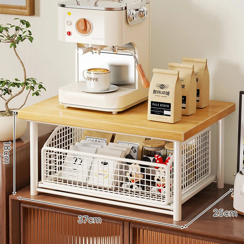 Coffee Station Organizer Raised Wood Shelf Pull-Out Metal Basket