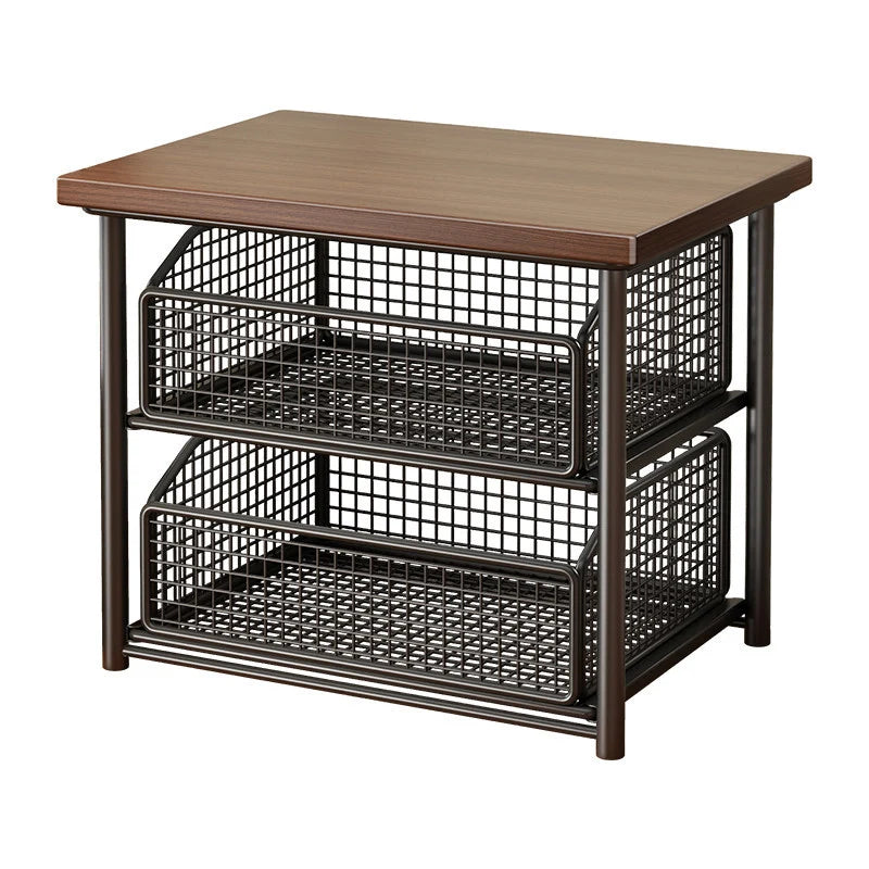 Coffee Station Organizer Raised Wood Shelf Pull-Out Metal Basket
