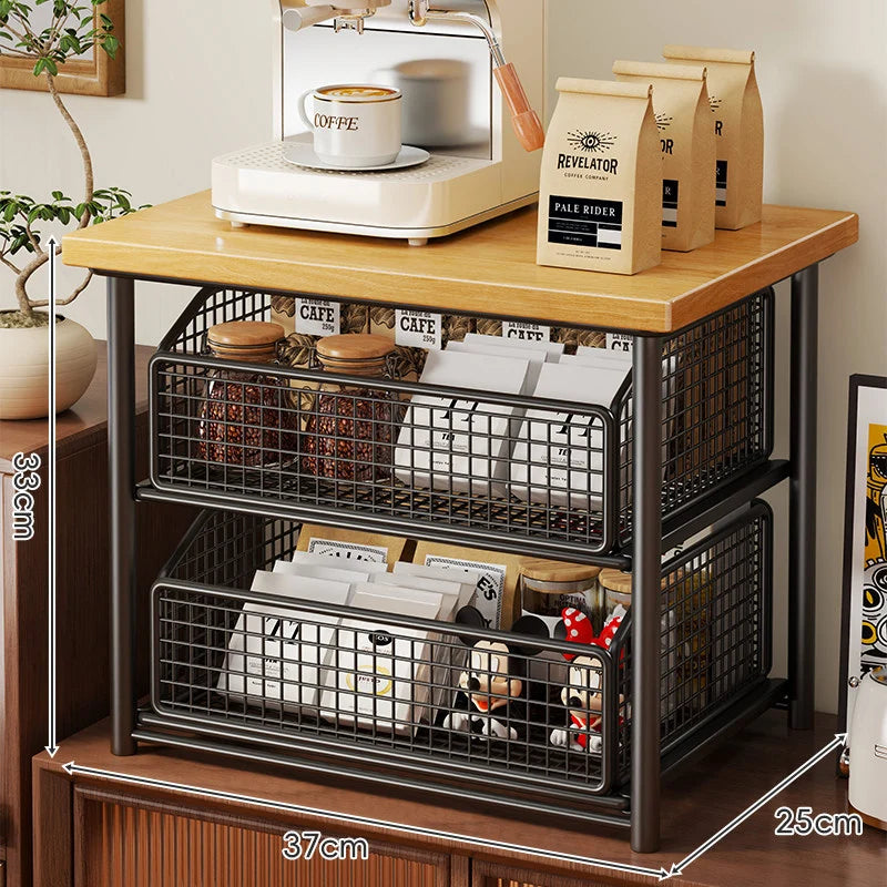 Coffee Station Organizer Raised Wood Shelf Pull-Out Metal Basket