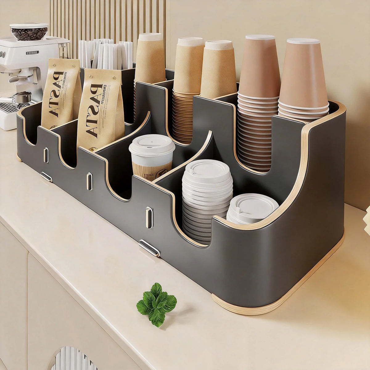 Coffee Station Organizer Tiered Adjustable Compartments