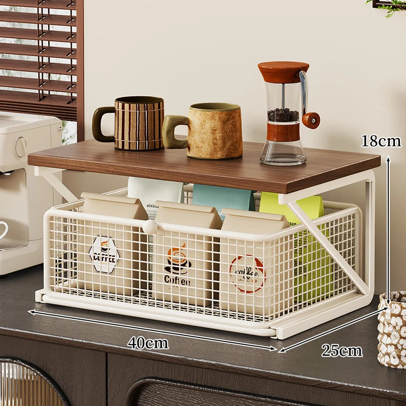 Coffee Station Organizer Wood Top Metal Mesh Basket