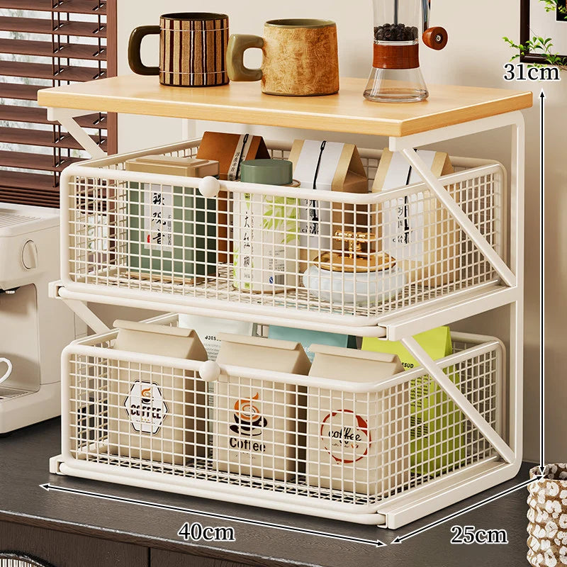 Coffee Station Organizer Wood Top Metal Mesh Basket