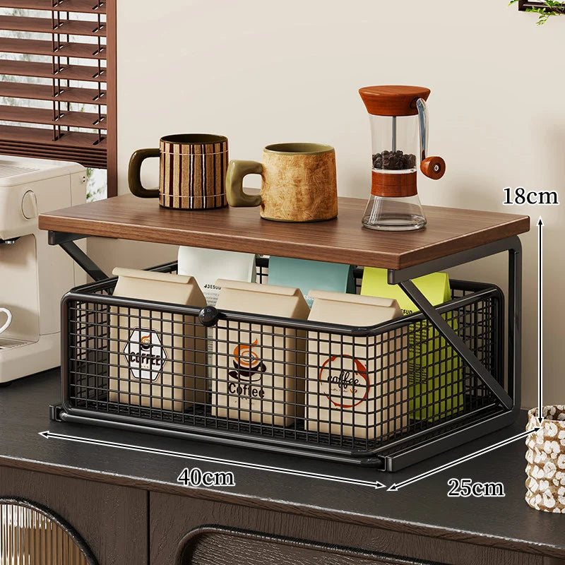 Coffee Station Organizer Wood Top Metal Mesh Basket