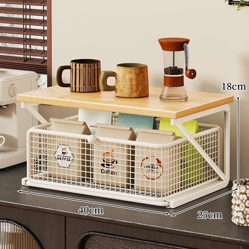 Coffee Station Organizer Wood Top Metal Mesh Basket