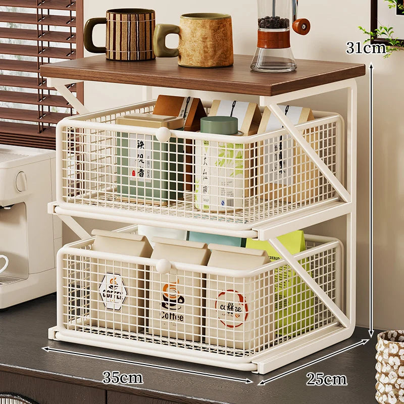 Coffee Station Organizer Wood Top Metal Mesh Basket