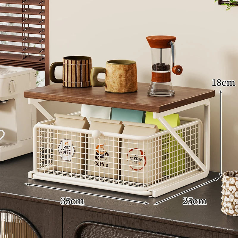 Coffee Station Organizer Wood Top Metal Mesh Basket