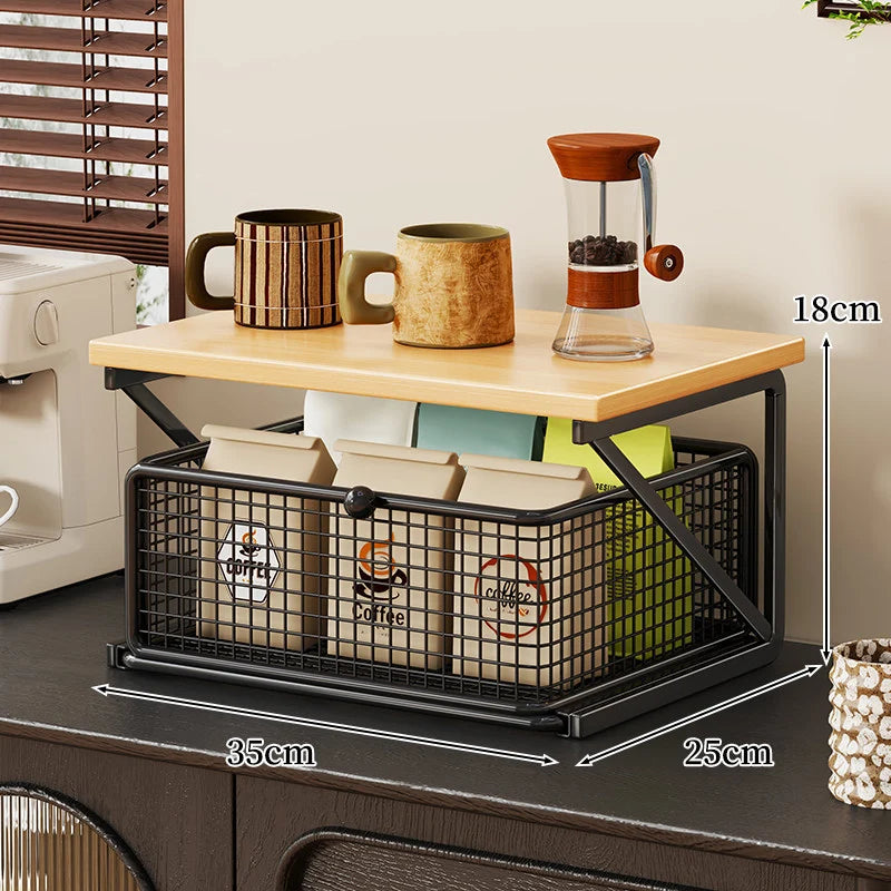 Coffee Station Organizer Wood Top Metal Mesh Basket