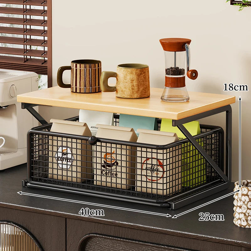 Coffee Station Organizer Wood Top Metal Mesh Basket