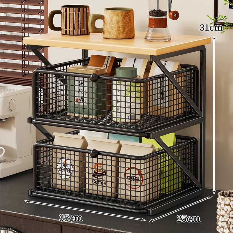 Coffee Station Organizer Wood Top Metal Mesh Basket