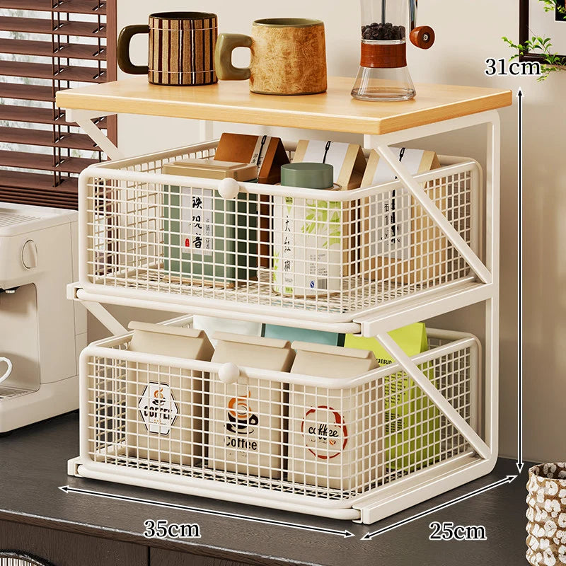 Coffee Station Organizer Wood Top Metal Mesh Basket