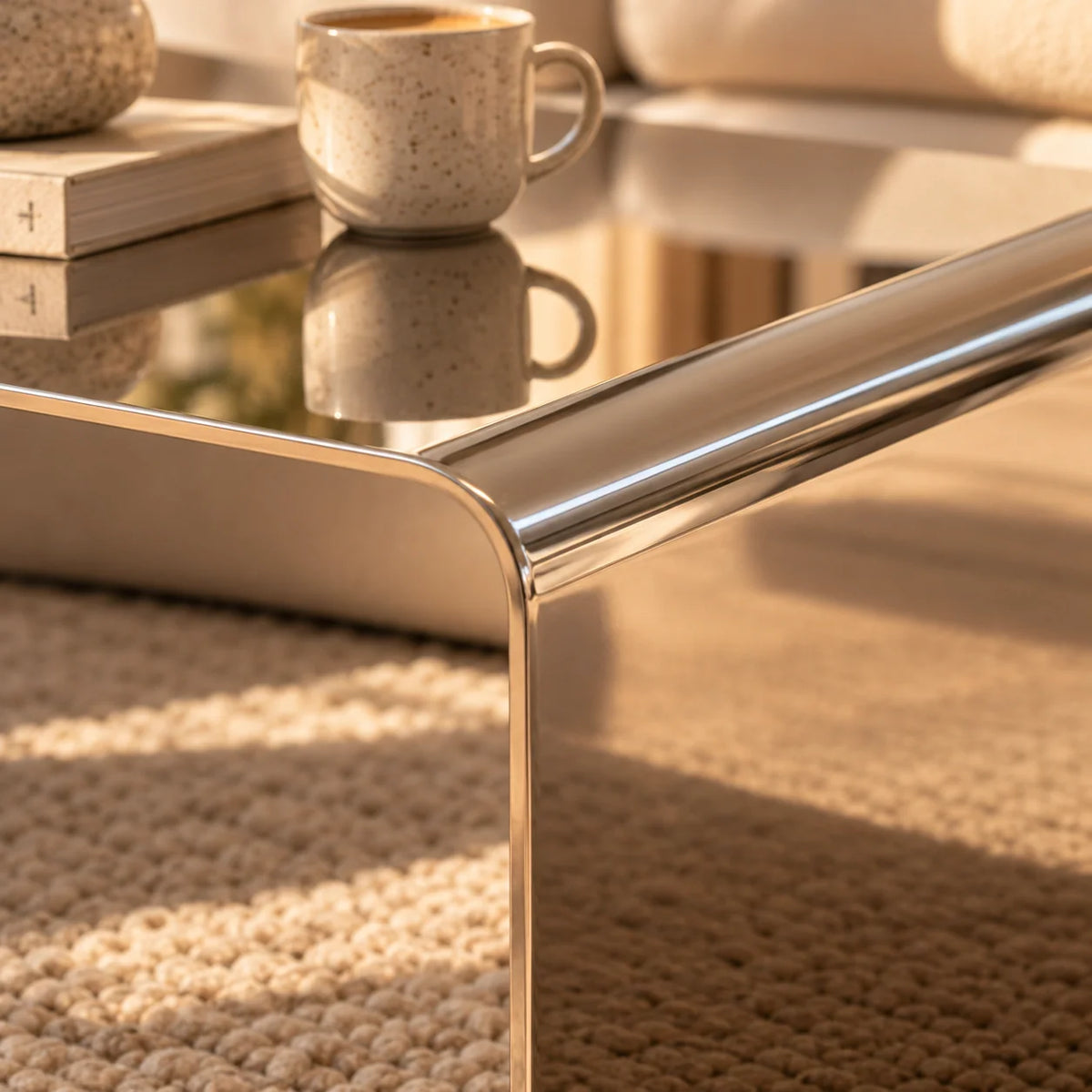 Coffee Table Stainless Steel Waterfall Design Polished Chrome