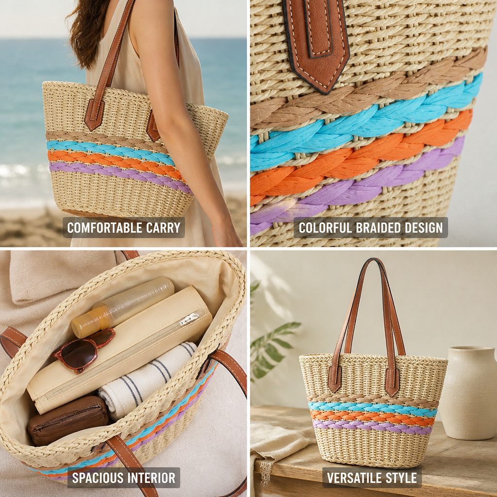 Colorful Braided Woven Raffia Tote (Faux Leather Handles)