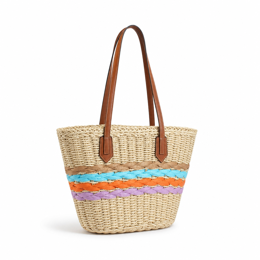 Colorful Braided Woven Raffia Tote (Faux Leather Handles)