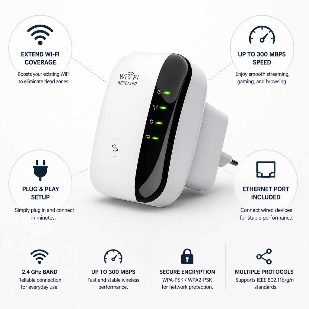 Compact 300 Mbps Plug-In WiFi Extender (Ethernet Port)