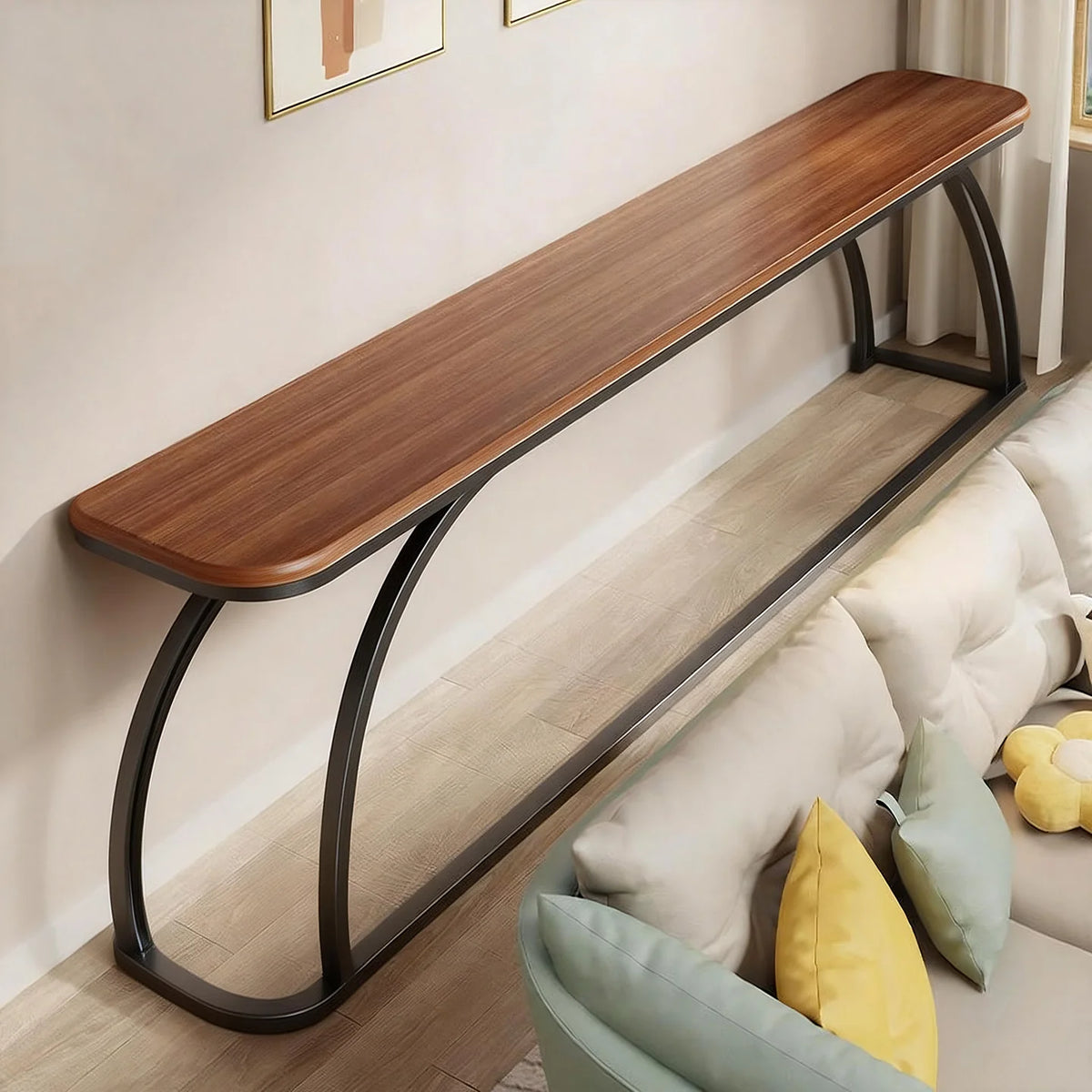Console Table Slim Profile Engineered Wood Top Steel Frame