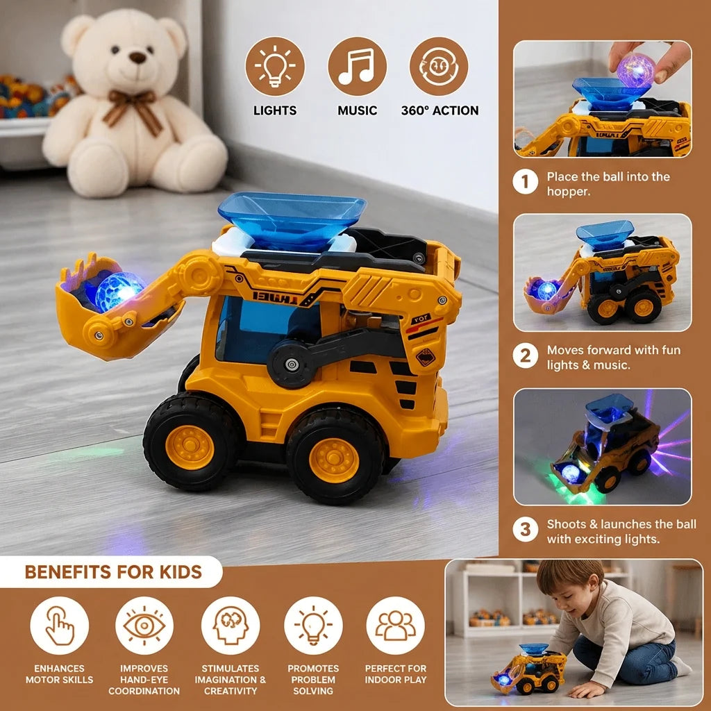 Construction Bulldozer Toy Light-Up Ball Launcher & Rolling Wheels
