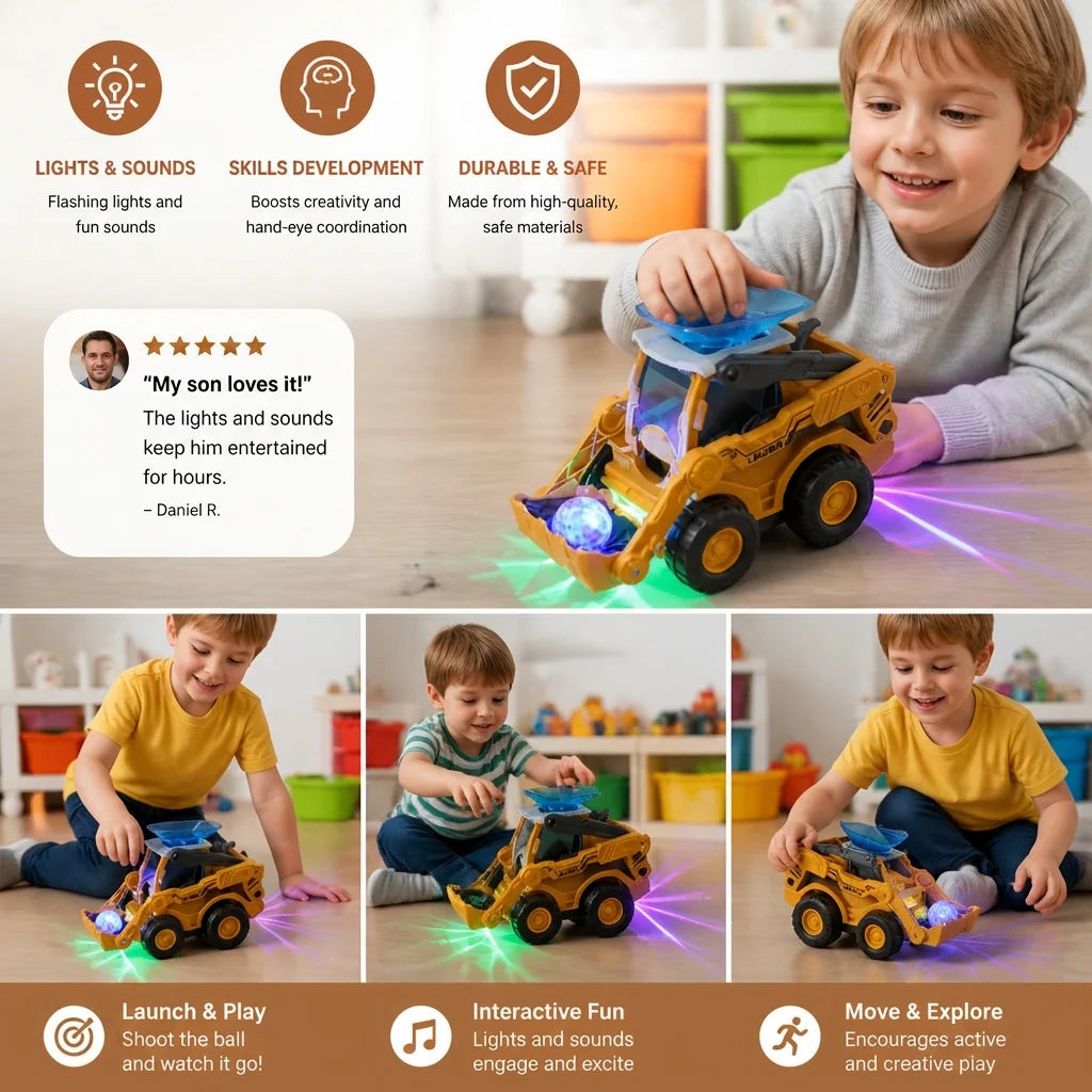 Construction Bulldozer Toy Light-Up Ball Launcher & Rolling Wheels