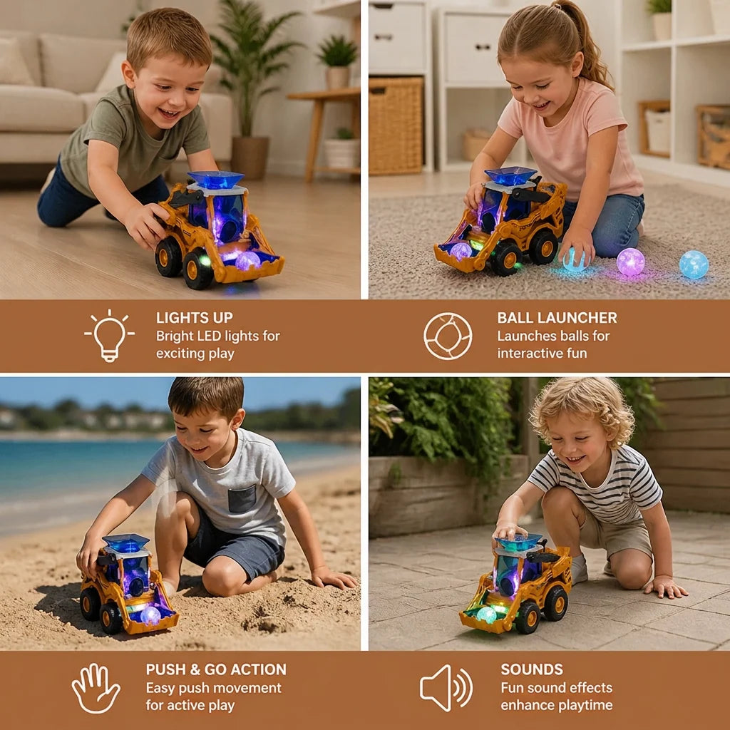 Construction Bulldozer Toy Light-Up Ball Launcher & Rolling Wheels
