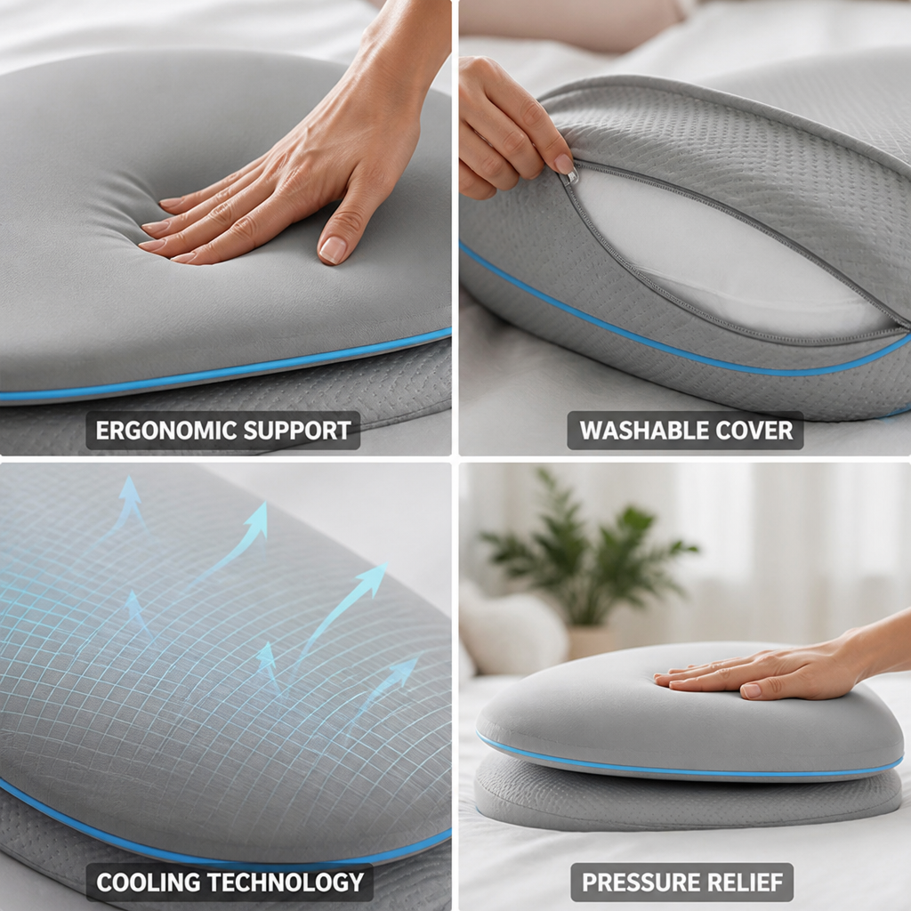 Cooling Ergonomic Memory Foam Pillow (Removable Washable Cover)