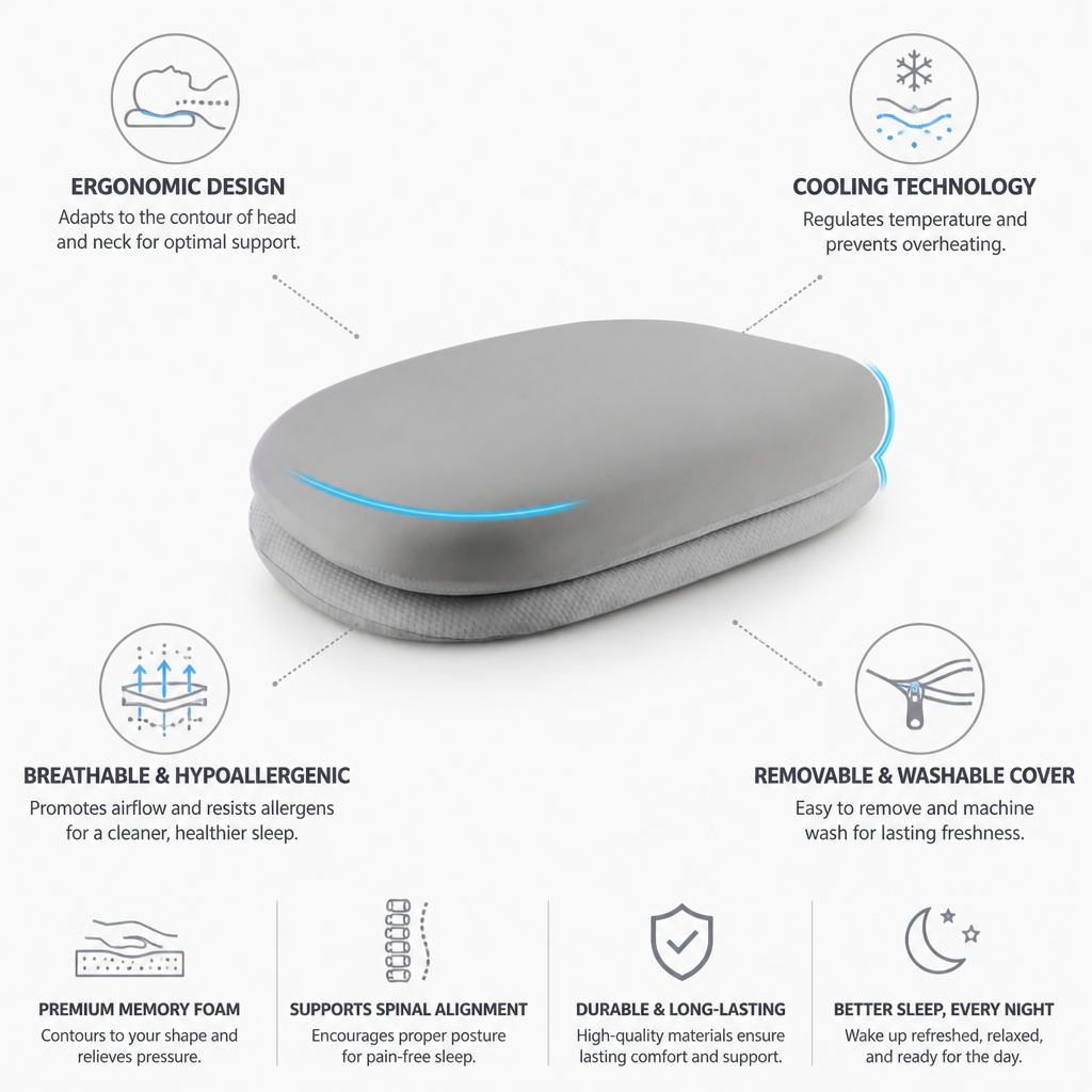 Cooling Ergonomic Memory Foam Pillow (Removable Washable Cover)