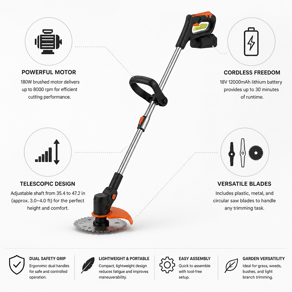 Cordless 180W Telescopic Grass Trimmer (Replaceable Blades)