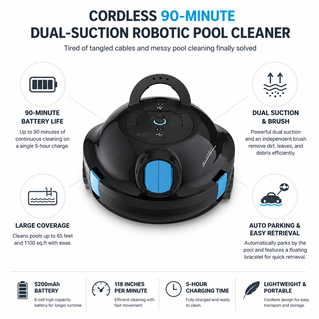 Cordless 90-Minute Dual-Suction Robotic Pool Cleaner