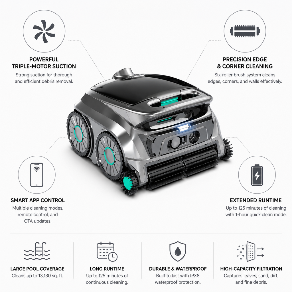 Cordless Triple-Motor & Six-Roller Robotic Pool Cleaner