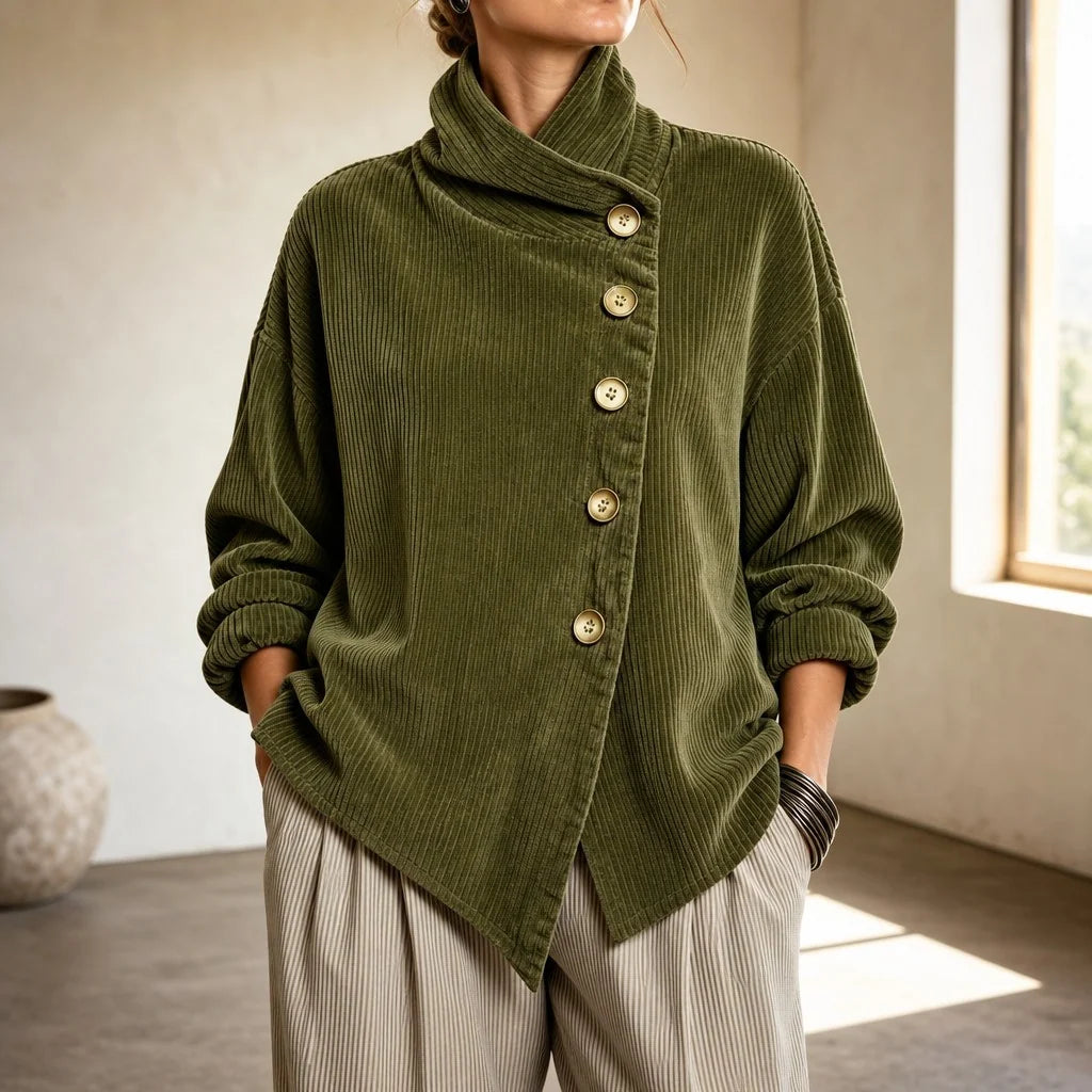 Corduroy Top Funnel Neck Diagonal Button Placket Long Sleeve
