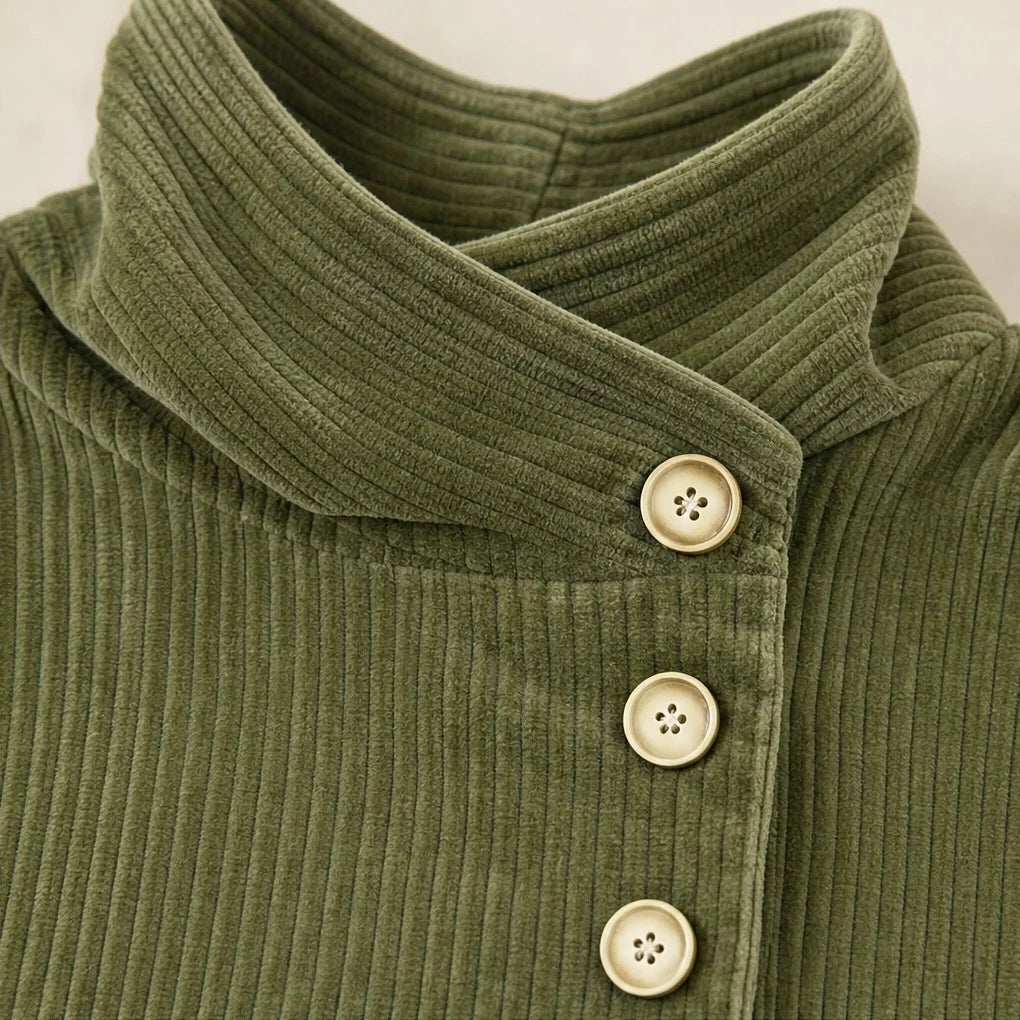 Corduroy Top Funnel Neck Diagonal Button Placket Long Sleeve