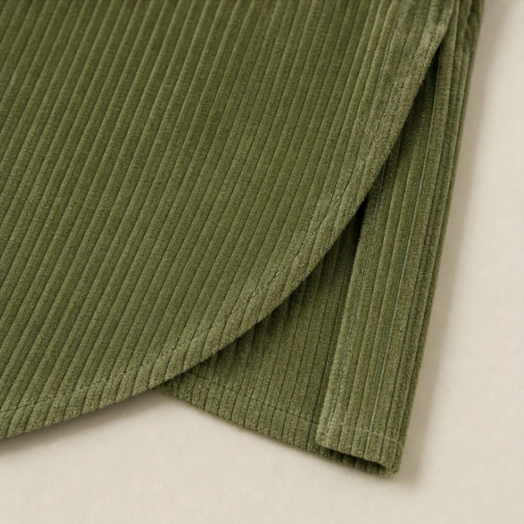 Corduroy Top Funnel Neck Diagonal Button Placket Long Sleeve