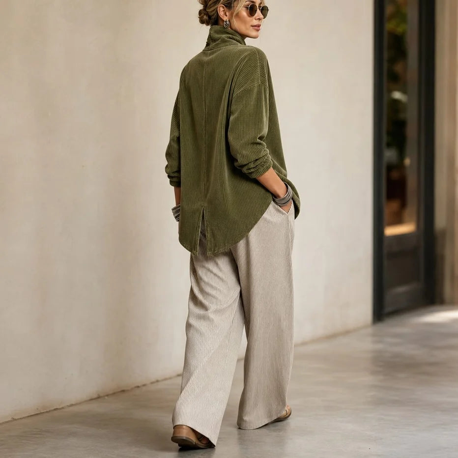 Corduroy Top Funnel Neck Diagonal Button Placket Long Sleeve
