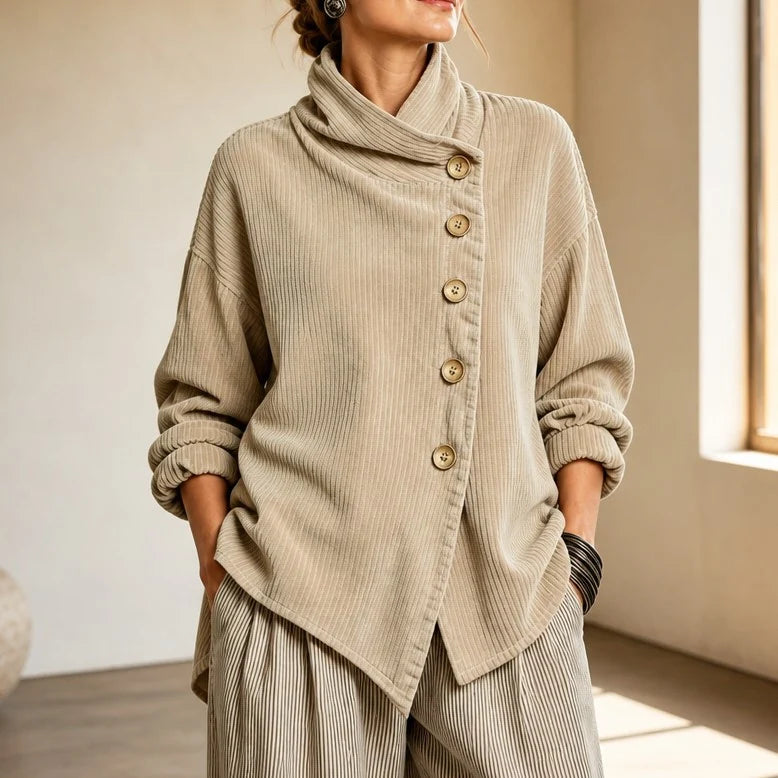 Corduroy Top Funnel Neck Diagonal Button Placket Long Sleeve