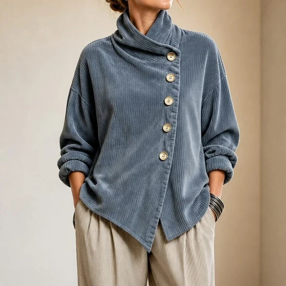 Corduroy Top Funnel Neck Diagonal Button Placket Long Sleeve