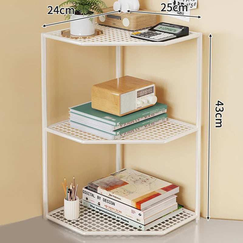 Corner Storage Shelf Three-Tier Metal Mesh Space-Saving Design