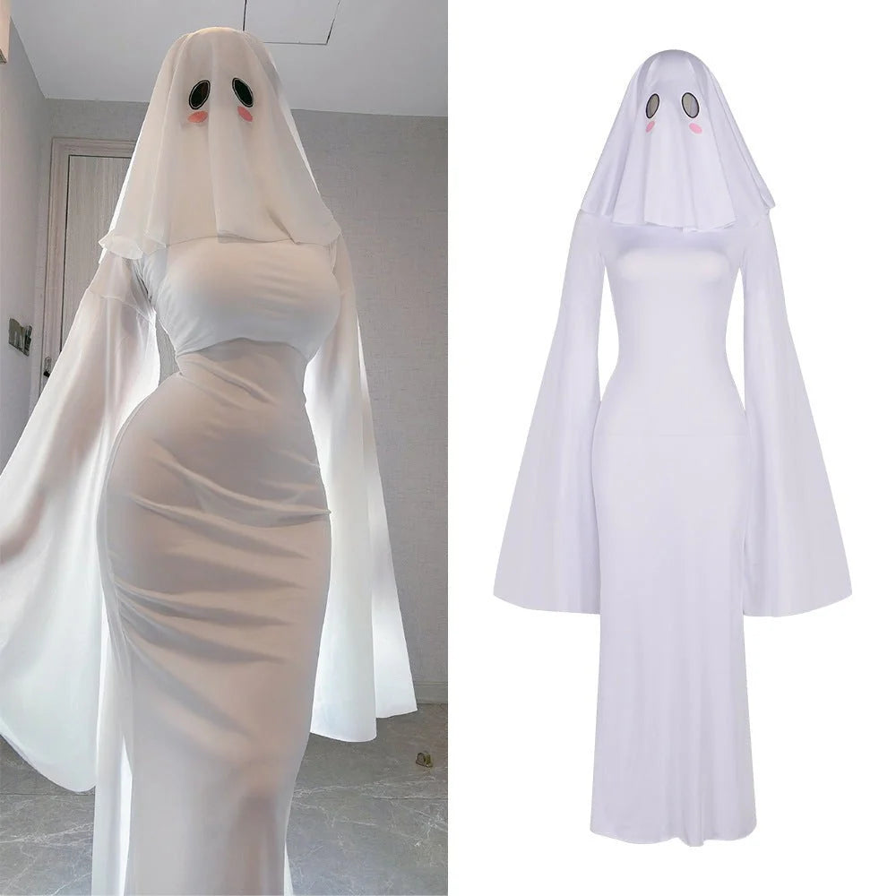 Cosplay Costume Ghost Bride Mask & Floor-Length Fitted Dress
