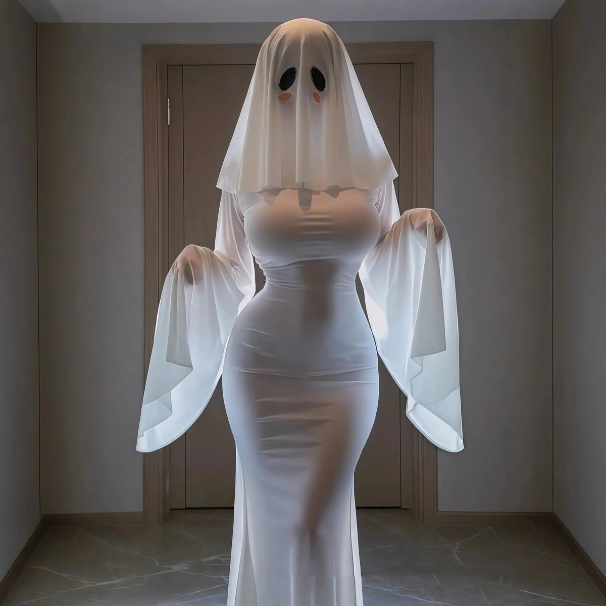 Cosplay Costume Ghost Bride Mask & Floor-Length Fitted Dress