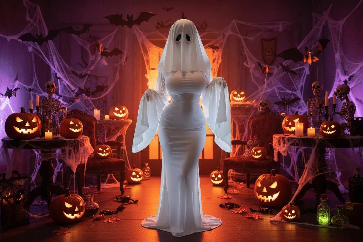 Cosplay Costume Ghost Bride Mask & Floor-Length Fitted Dress