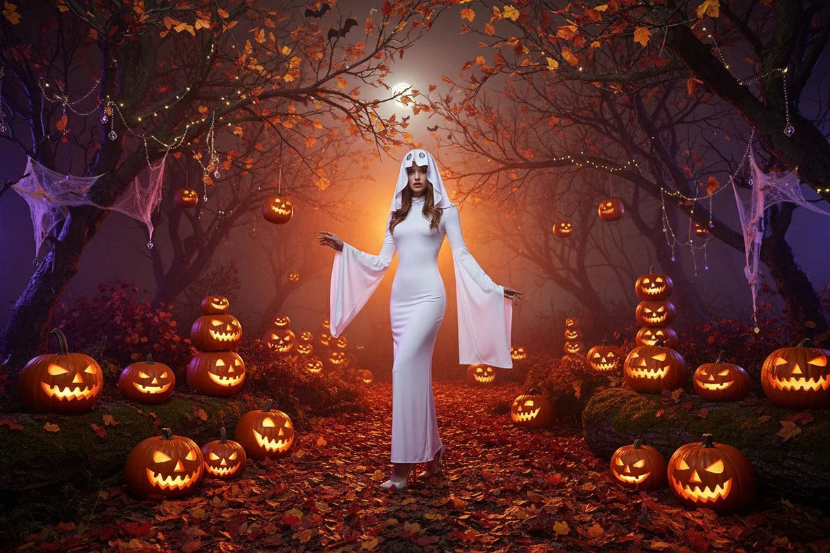 Cosplay Costume Ghost Bride Mask & Floor-Length Fitted Dress