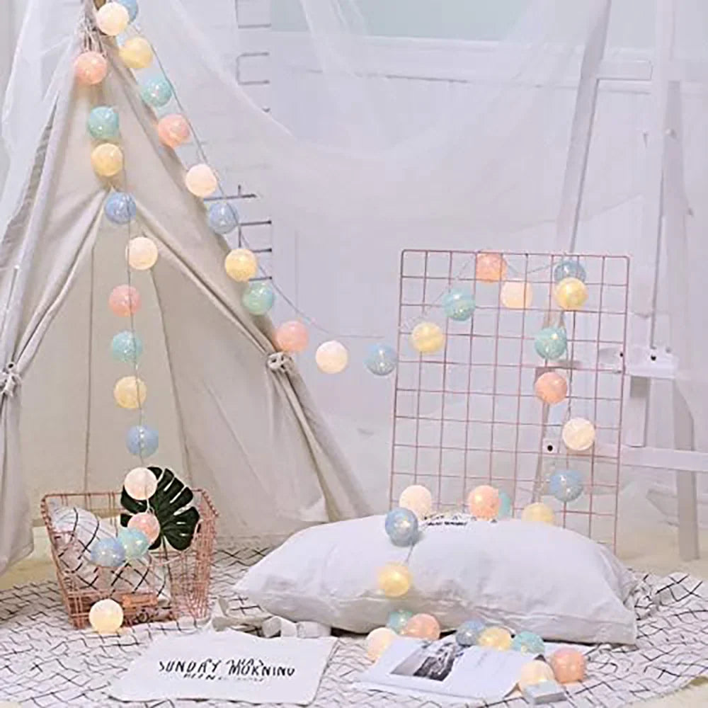 Cotton Ball LED String Lights Warm Glow Dual Power