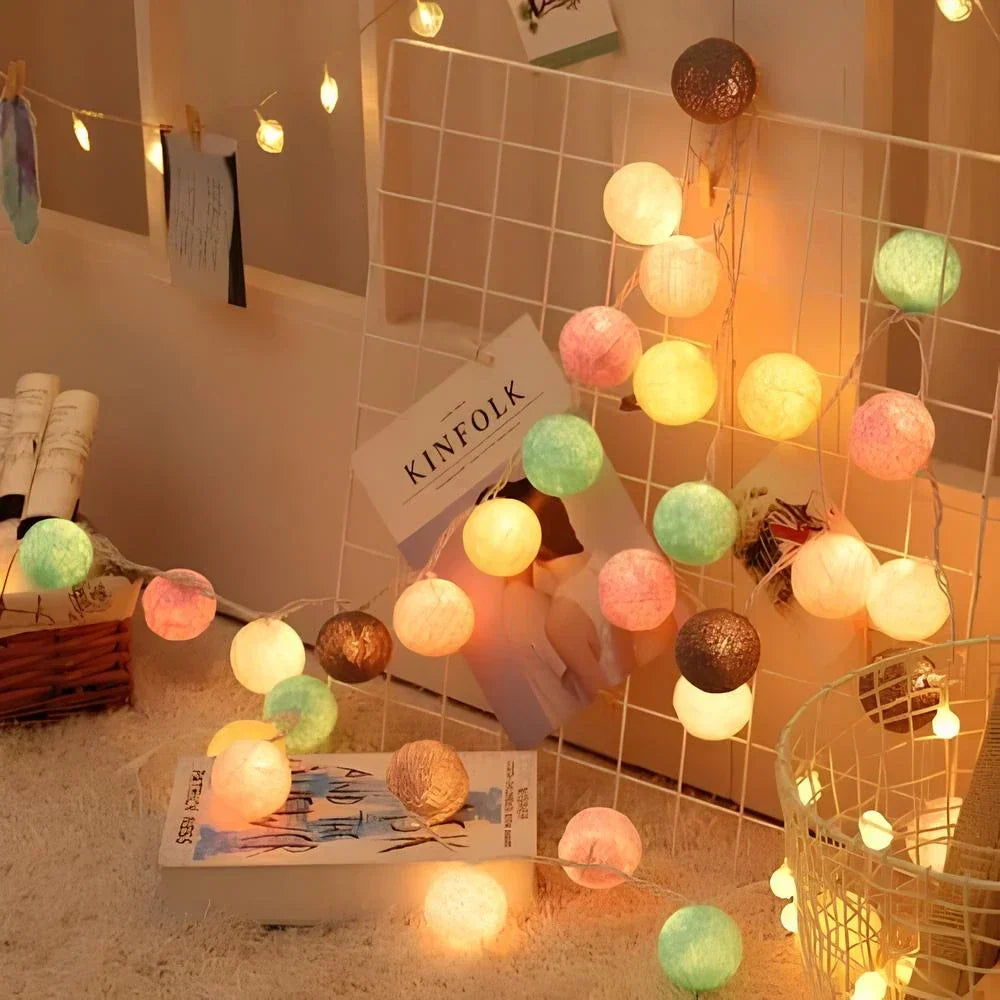 Cotton Ball LED String Lights Warm Glow Dual Power