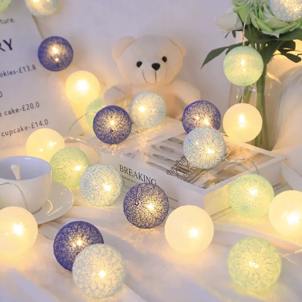 Cotton Ball LED String Lights Warm Glow Dual Power