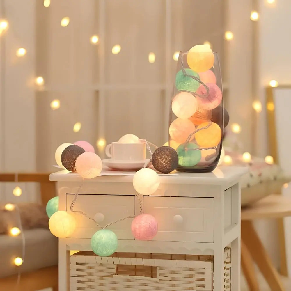 Cotton Ball LED String Lights Warm Glow Dual Power