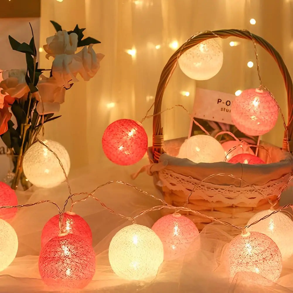 Cotton Ball LED String Lights Warm Glow Dual Power