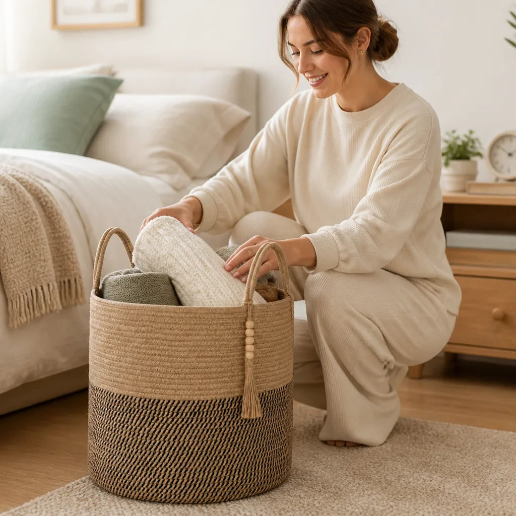 Cotton Storage Basket Handcrafted Macrame Foldable With Rope Handles