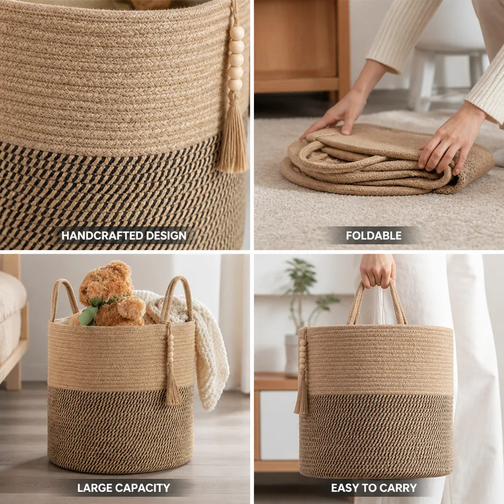 Cotton Storage Basket Handcrafted Macrame Foldable With Rope Handles
