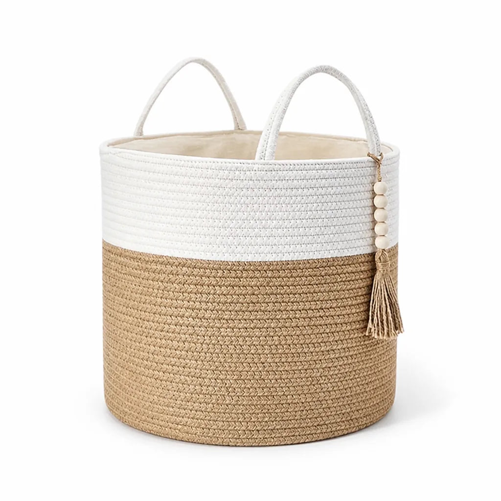 Cotton Storage Basket Handcrafted Macrame Foldable With Rope Handles
