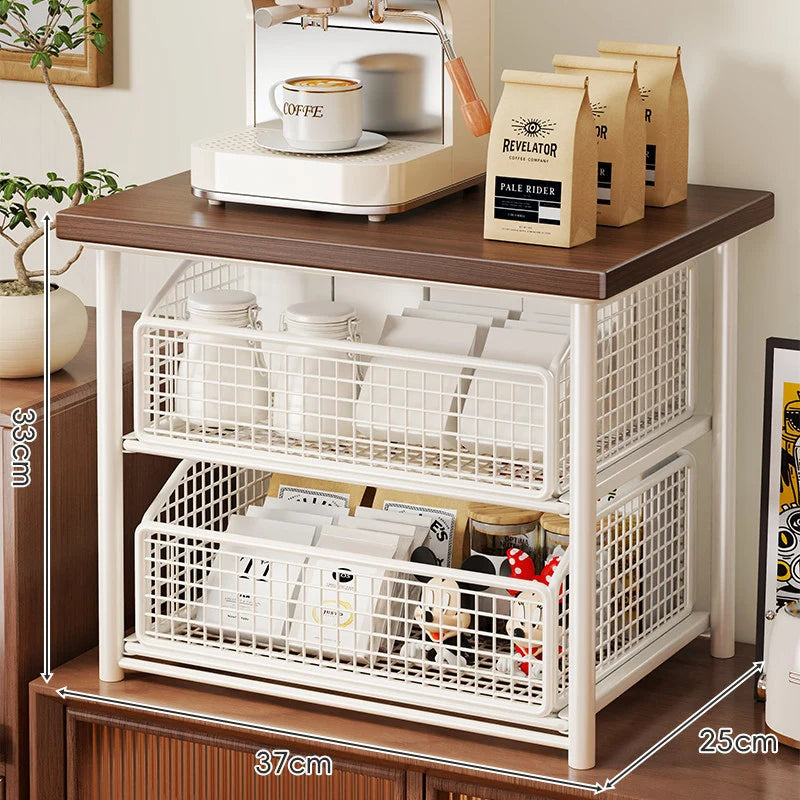 Countertop Organizer Sliding Mesh Basket Wood-Look Top
