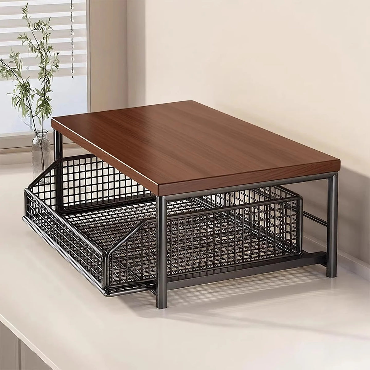 Countertop Organizer Wooden Top Slide-Out Wire Baskets